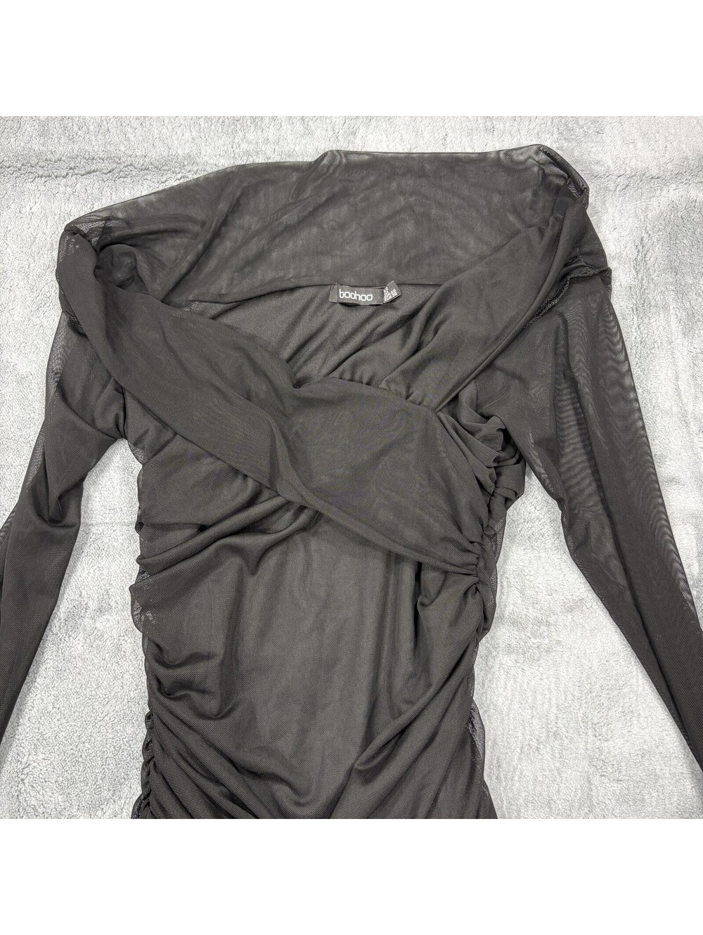 Boohoo Womens Size 8 Black Mesh Ruched Bodycon Midi Dress Long Sleeve Stretch